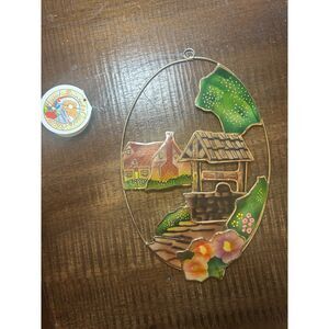 Vtg Dimensions Hand Painted Capiz Shell Suncatcher Wishing Well Garden Scene